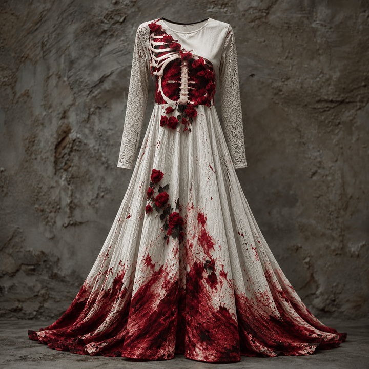 Women's Long-Sleeved Halloween Maxi Dress with Skeleton-Style Bodice