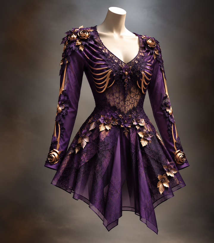 Women's Gothic Long-Sleeve V-Neck Mini Dress with Bone and Floral Detail