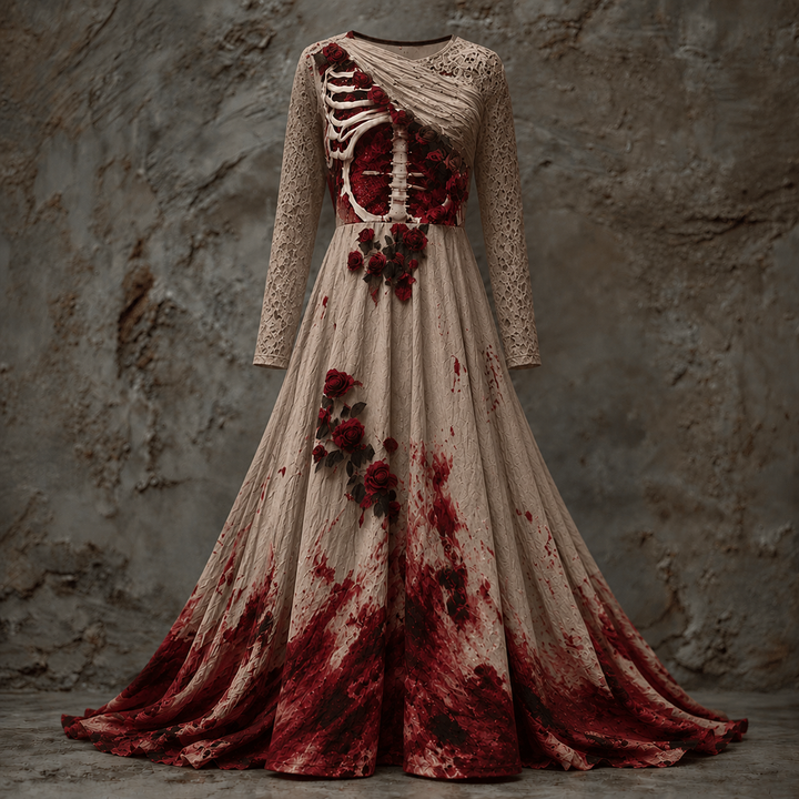 Women's Long-Sleeved Halloween Maxi Dress with Skeleton-Style Bodice