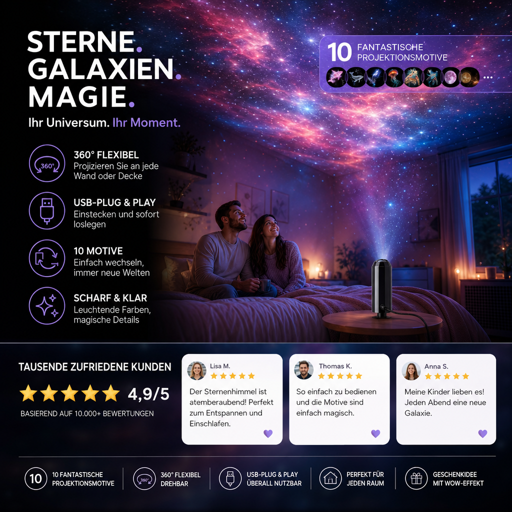 LED Galaxy Star Projector with 10 Slides and Flexible USB Arm