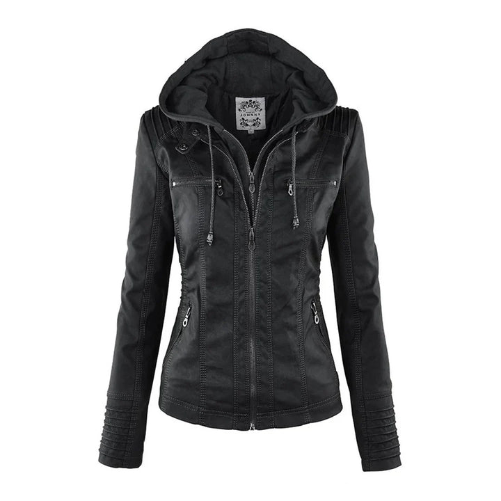 Hooded Faux Leather Moto Jacket for Women
