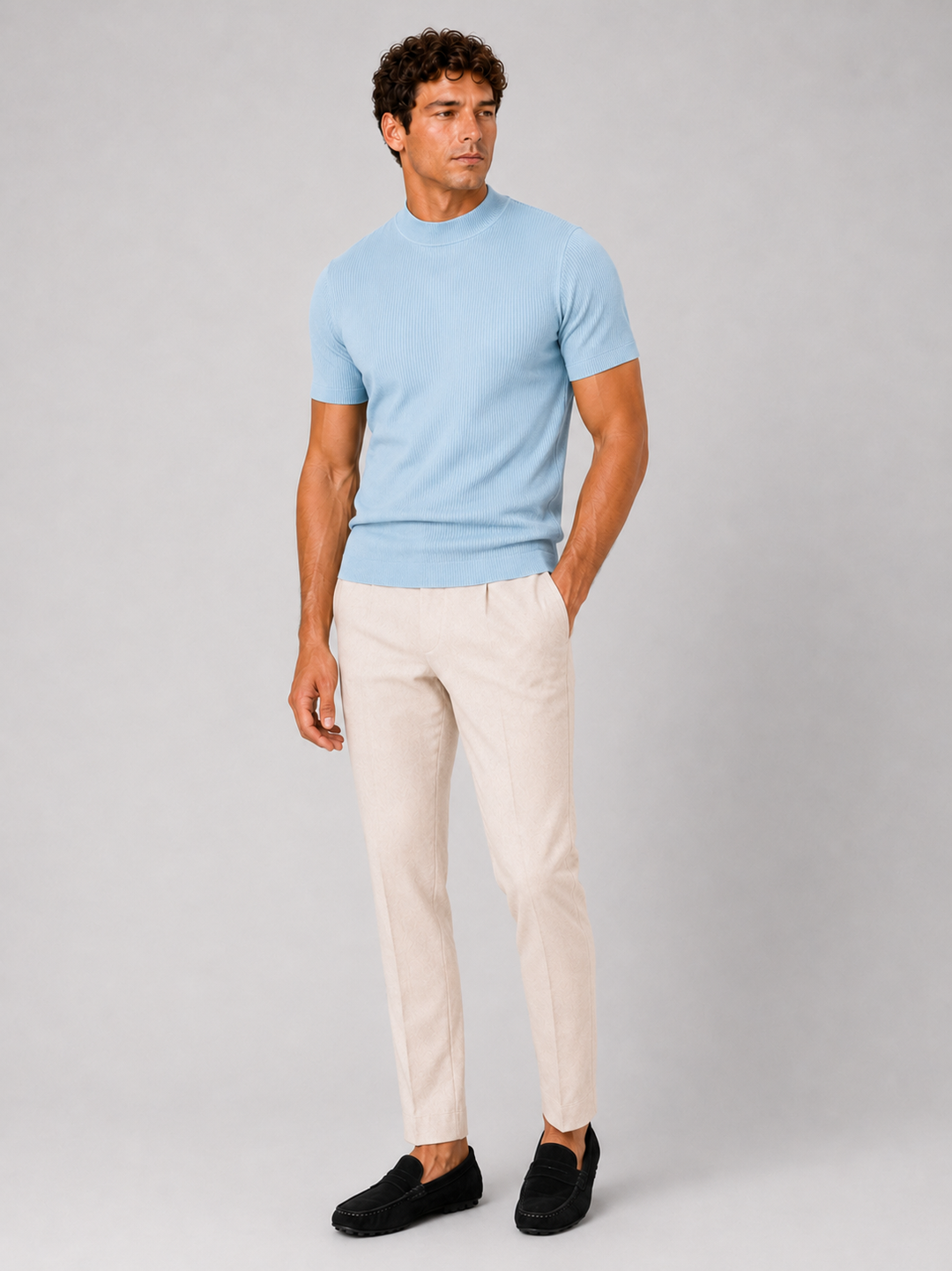 Men's Ribbed Mock Neck T-Shirt – Slim-Fit Stretch Short-Sleeve Top