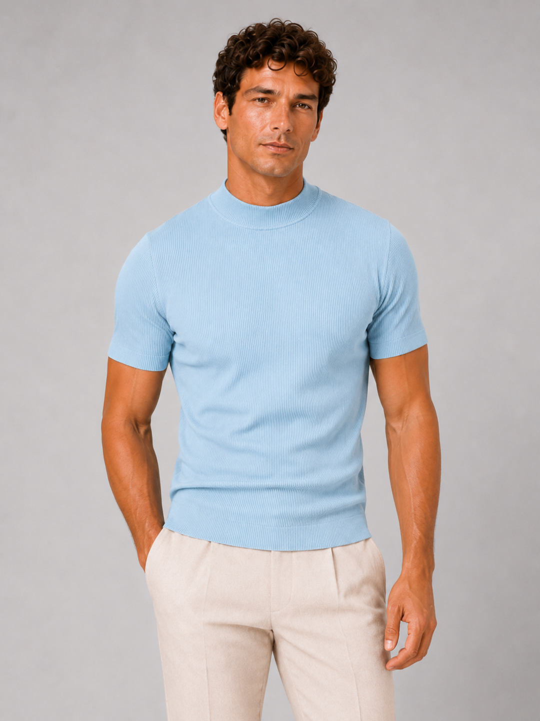 Men's Ribbed Mock Neck T-Shirt – Slim-Fit Stretch Short-Sleeve Top