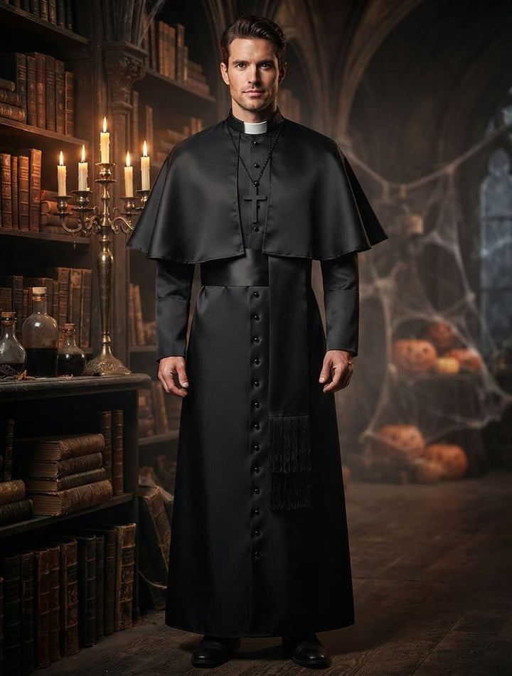 Men's Halloween Priest Costume with Long Robe, Cape and Cross