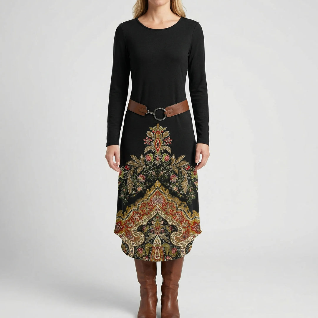 Midarae - Long Sleeve Midi Dress With Ornate Print