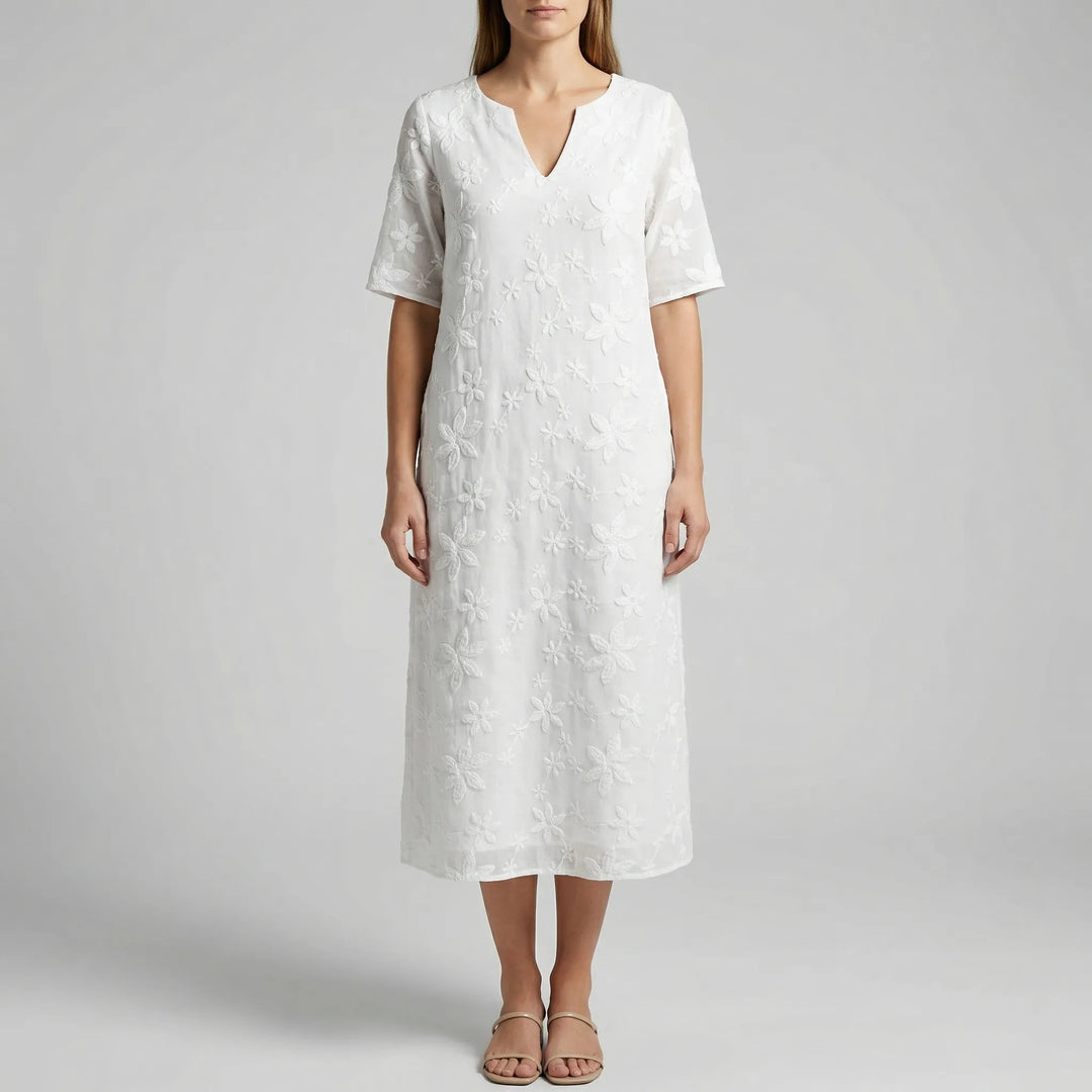 Midella - Floral Midi Dress With V-Neckline