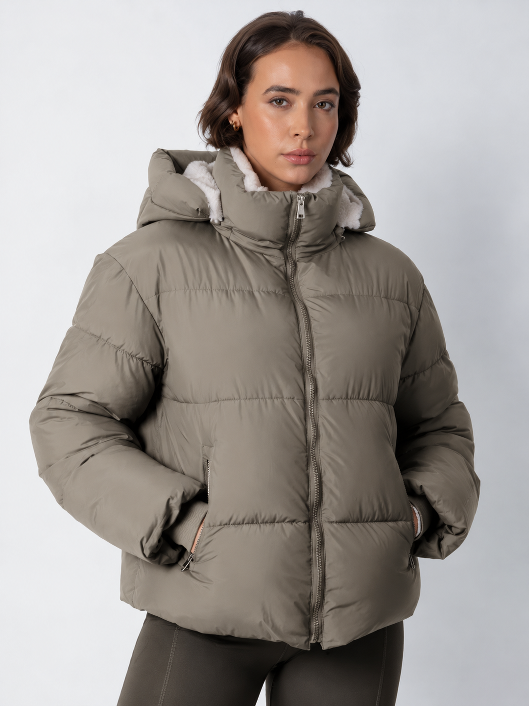 Women's Cropped Quilted Jacket with Removable Hood and Fleece Lining