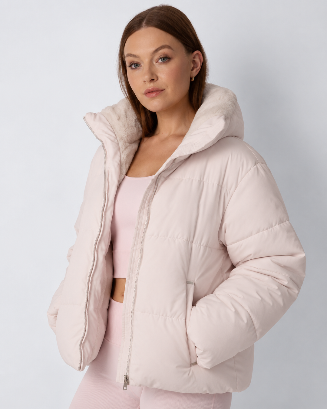 Women's Cropped Quilted Jacket with Removable Hood and Fleece Lining