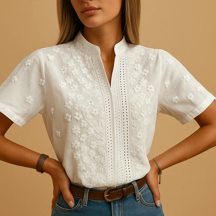 Embroidered White Blouse with Stand Collar for Women