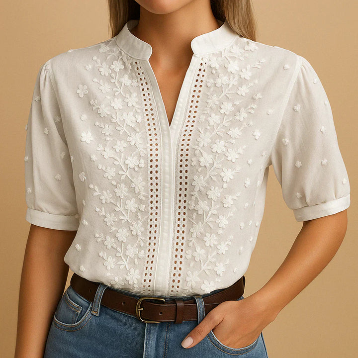 Embroidered White Blouse with Stand Collar for Women