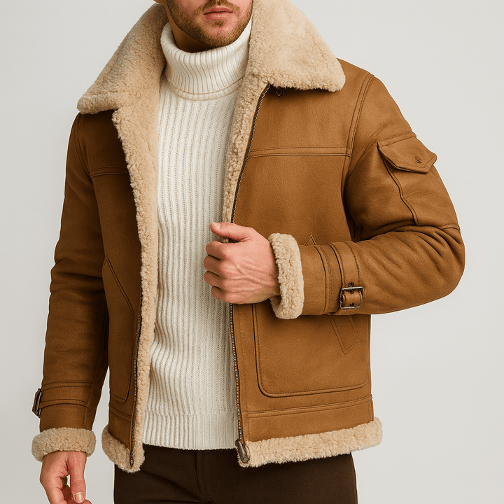 Men's Leather Jacket in a Classic Cut with Pockets