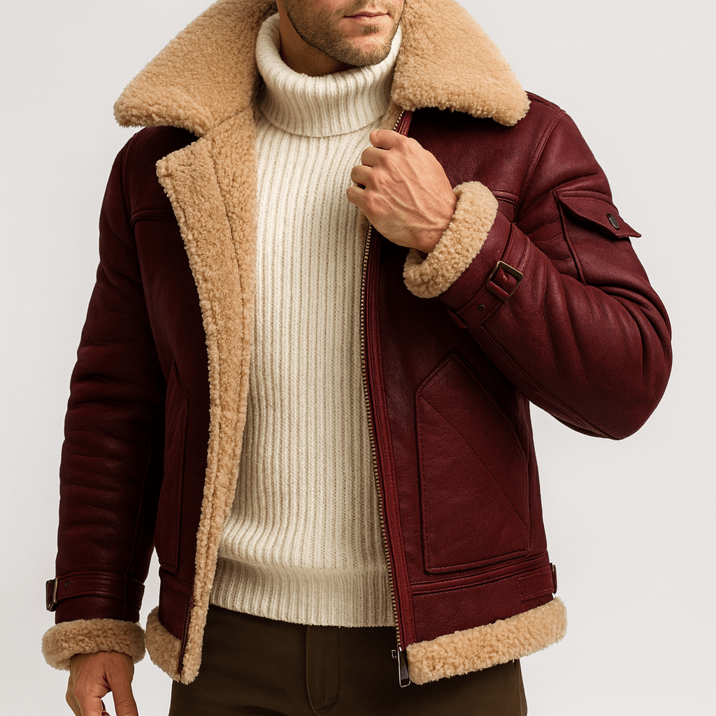 Men's Leather Jacket in a Classic Cut with Pockets