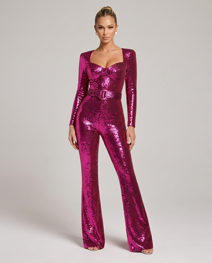 Women's sequin jumpsuit with sweetheart neckline, long sleeves and belted waist