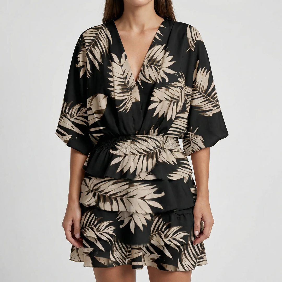 Palvera - Deep V-Neck Batwing Sleeve Mini Dress