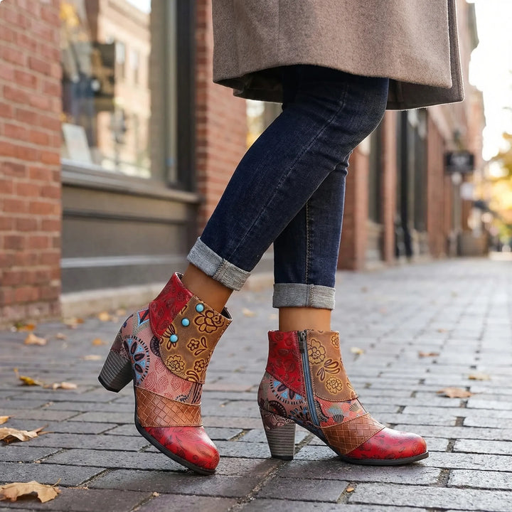 Patchwork Floral High-Heeled Ankle Boot - Pink
