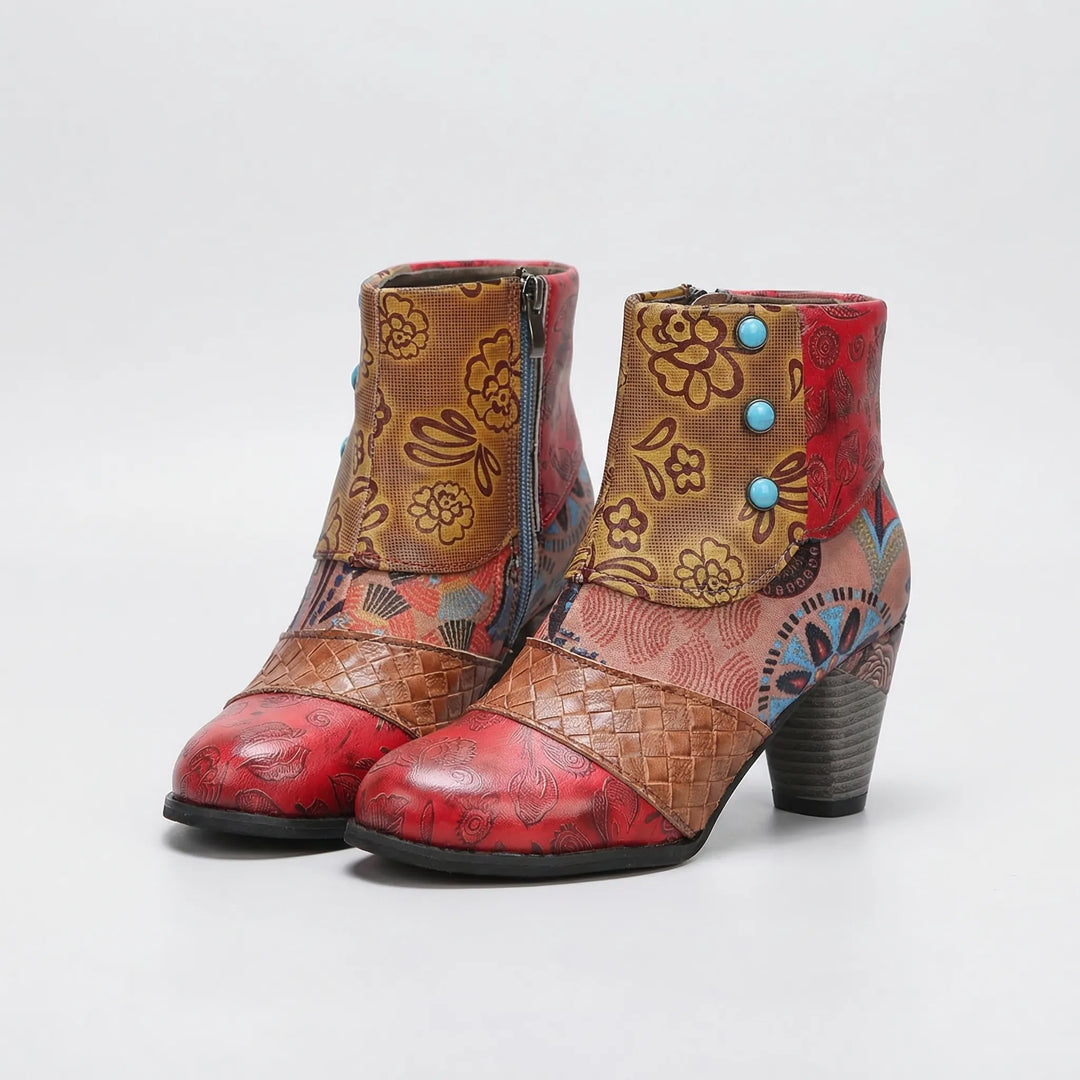 Patchwork Floral High-Heeled Ankle Boot - Pink