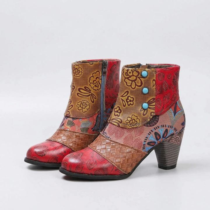Patchwork Floral High-Heeled Ankle Boot - Pink