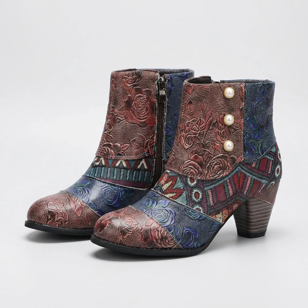 Patchwork Floral High-Heeled Ankle Boot - Pink