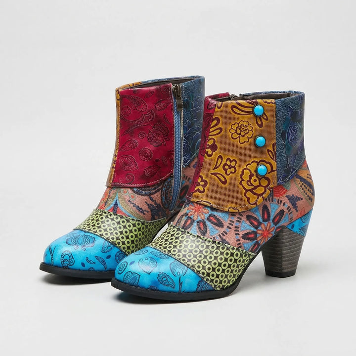 Patchwork Floral High-Heeled Ankle Boot - Pink