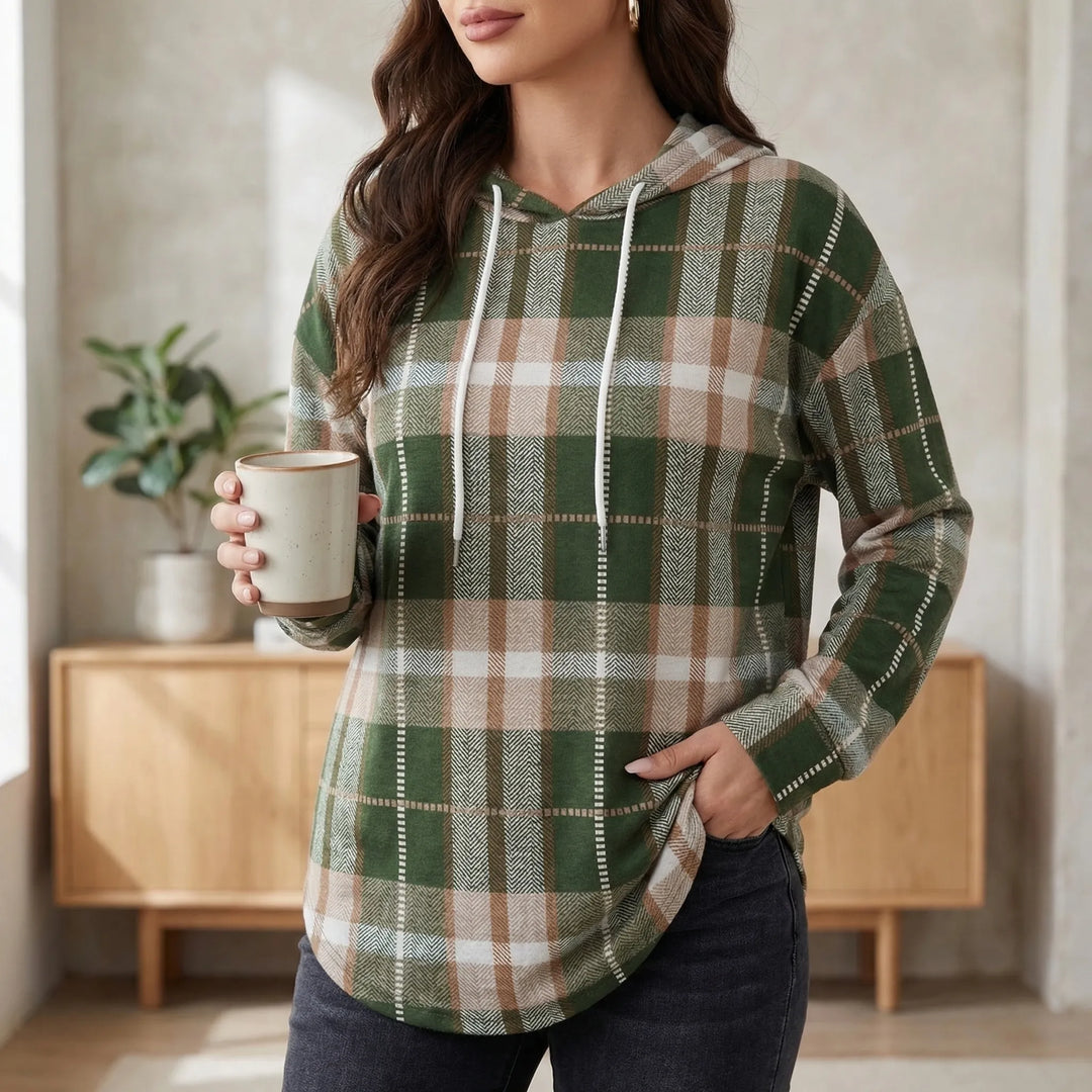 Plaidora - Long Sleeve Plaid Print Hoodie