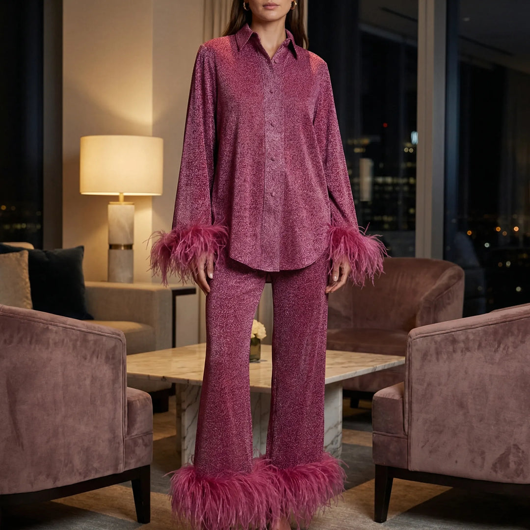 Plumeva - Feather-Trimmed Two-Piece Shirt And Trouser Set