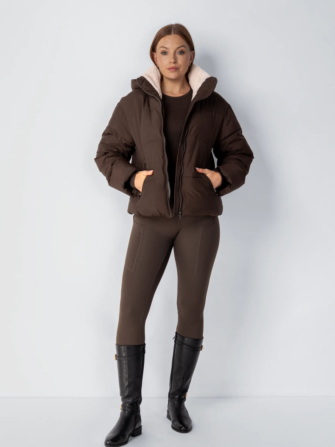 Women's Cropped Quilted Jacket with Removable Hood and Fleece Lining