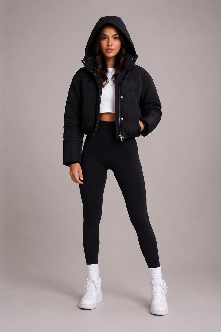 Women's Short Quilted Puffer Jacket with Fitted Hood