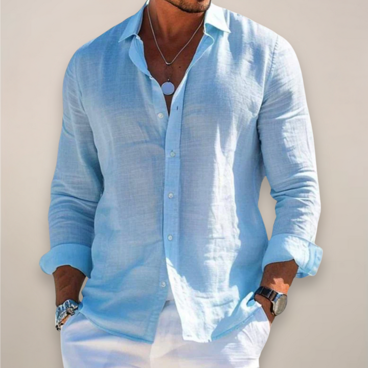Relaxed linen men's shirt with button fastening and long sleeves