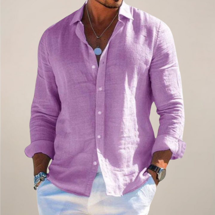 Relaxed linen men's shirt with button fastening and long sleeves
