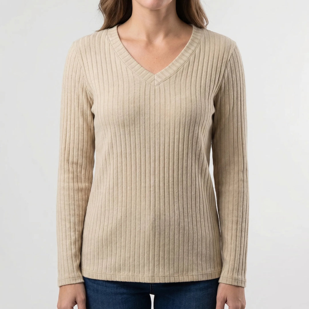Ribvera - V-Neck Ribbed Long Sleeve Top