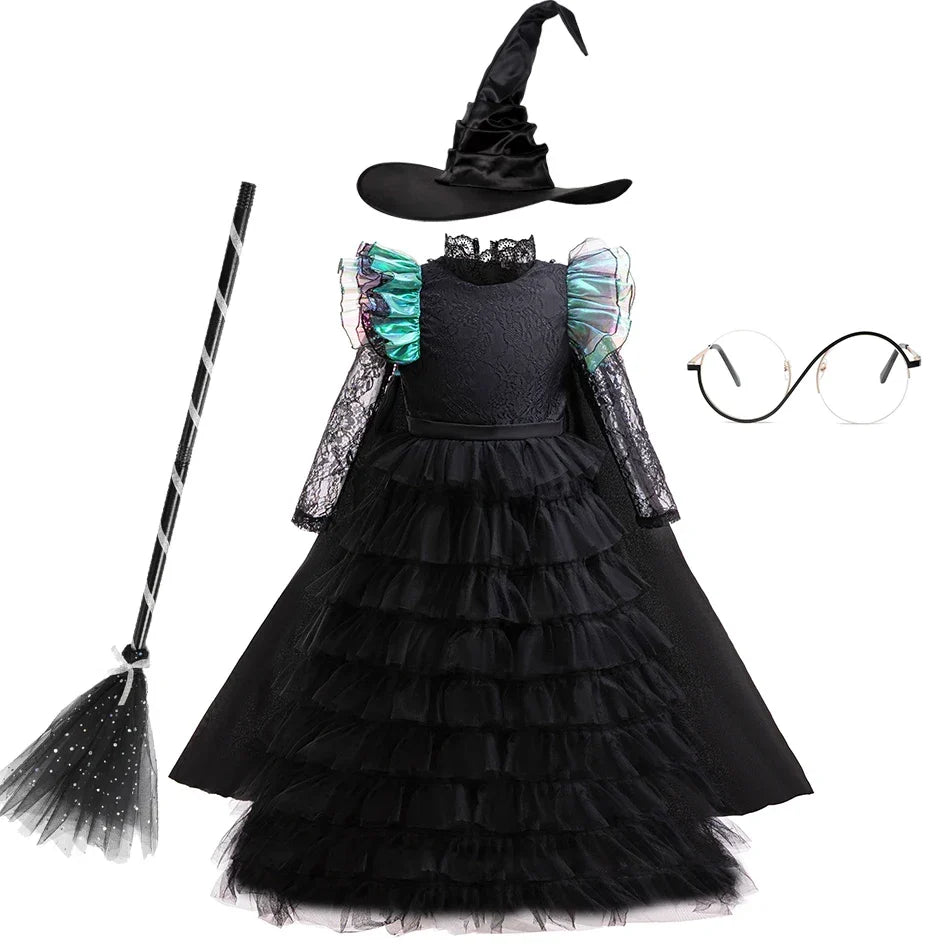 Girls' Witch Dress Costume - Emerald Green Ball Gown with Tulle Skirt