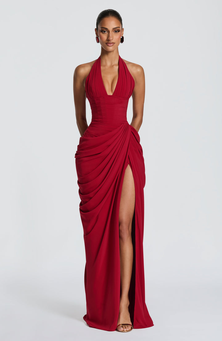 Linde Halterneck Maxi Dress with Corset Bodice and Chiffon Skirt
