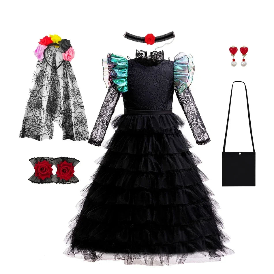 Girls' Witch Dress Costume - Emerald Green Ball Gown with Tulle Skirt