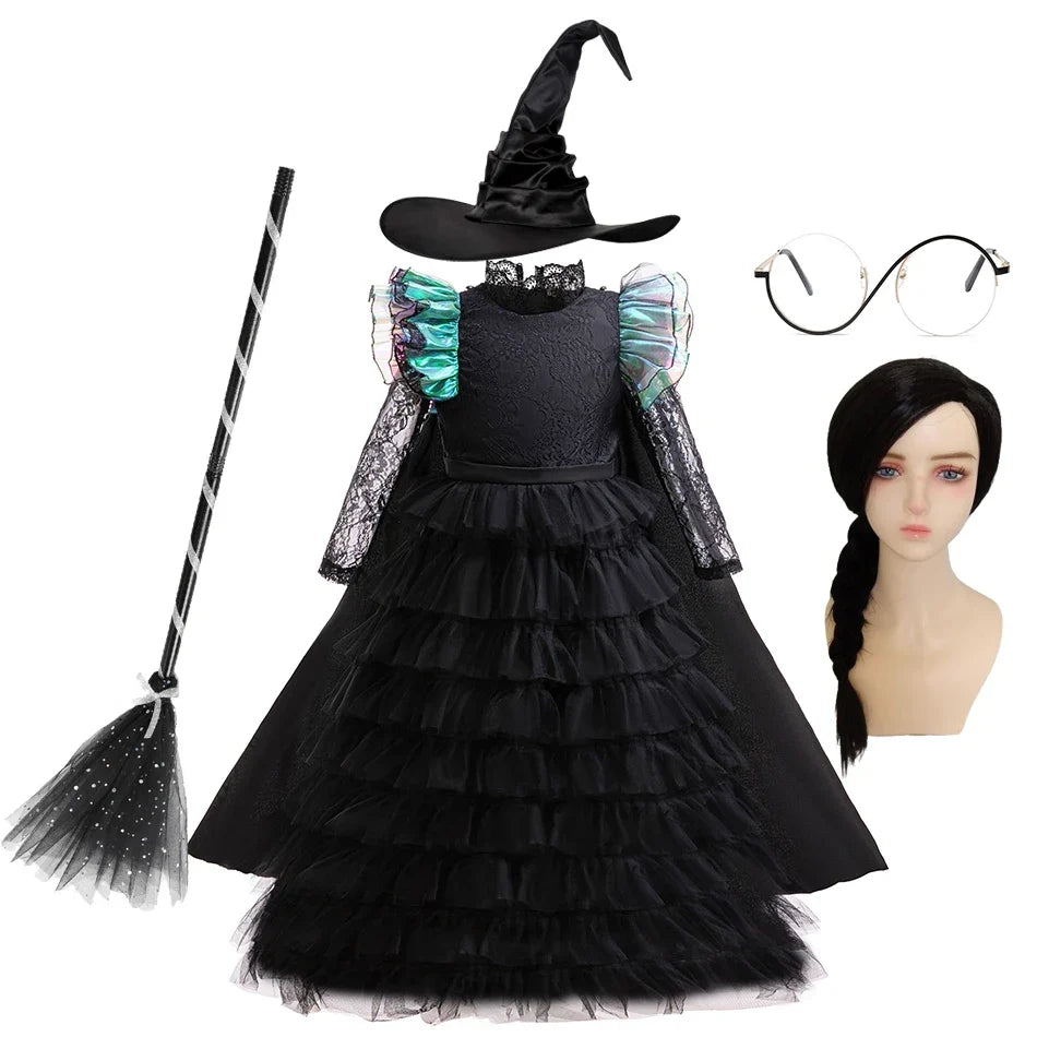 Girls' Witch Dress Costume - Emerald Green Ball Gown with Tulle Skirt