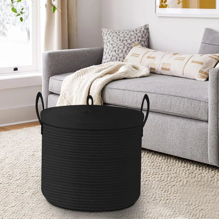 Large Black Cotton Rope Storage Basket with Lid – Selwyn
