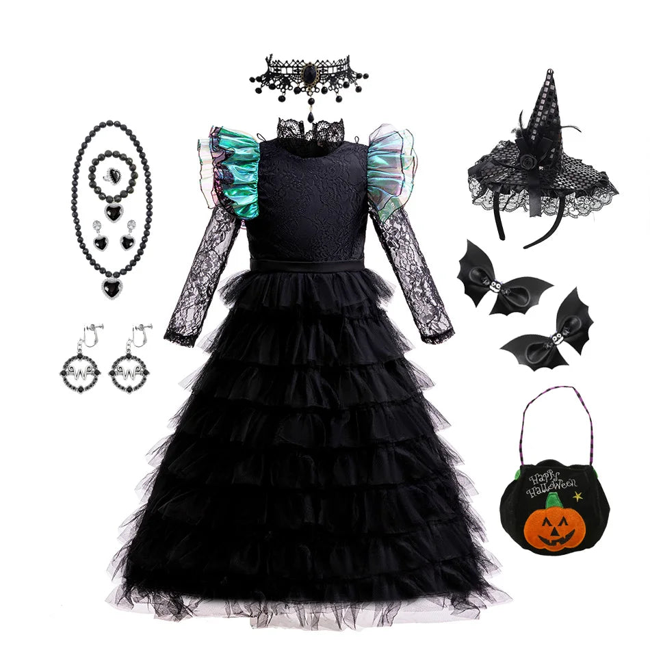 Girls' Witch Dress Costume - Emerald Green Ball Gown with Tulle Skirt