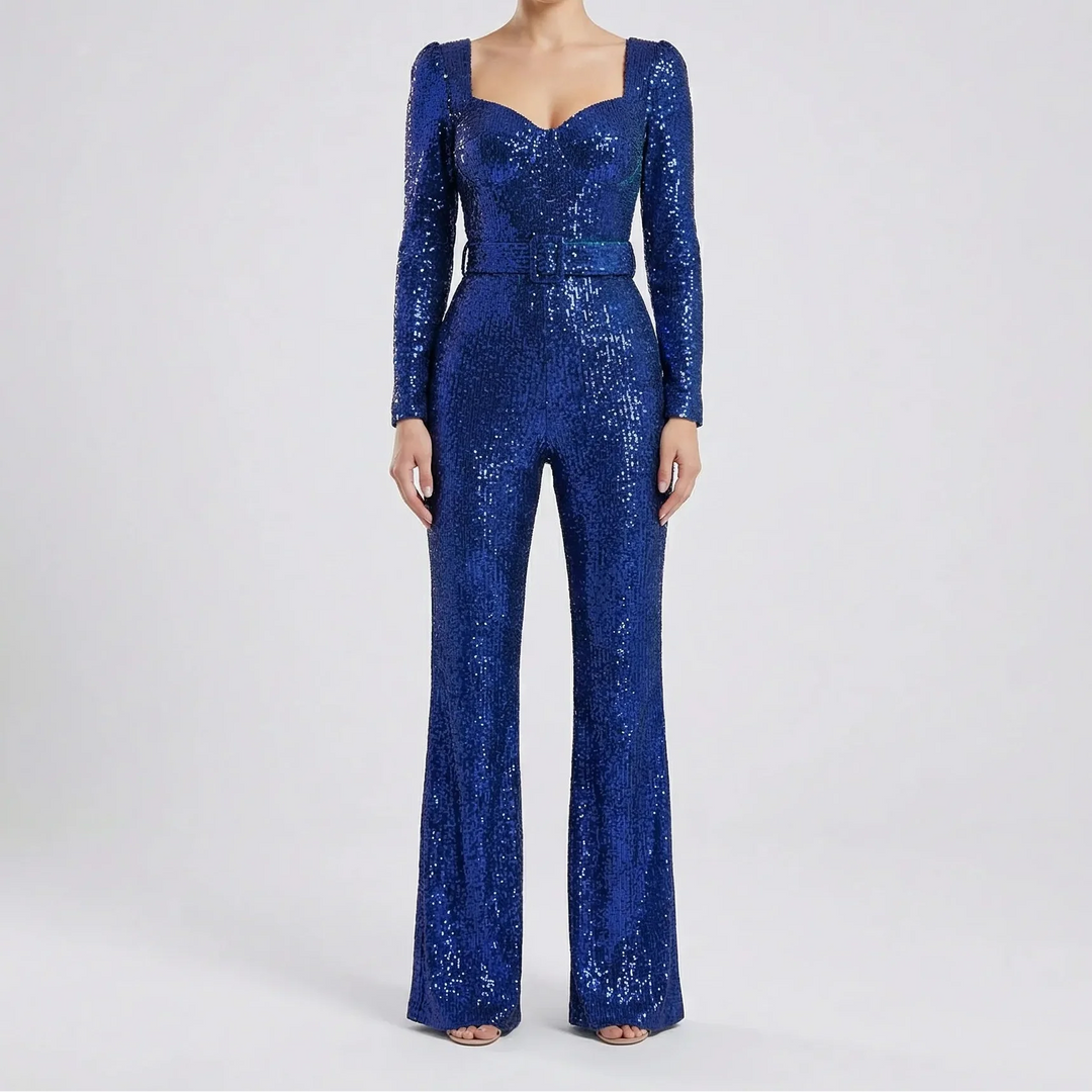 Sequinelle - Long Sleeve Sequin Flare Jumpsuit