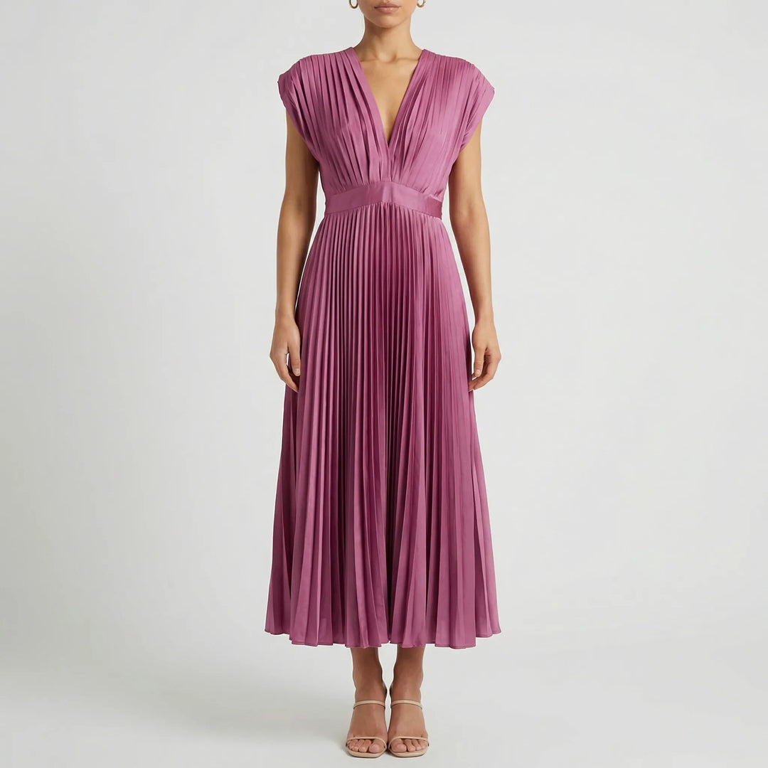 Sylvenne - Sleeveless V-Neck Pleated Midi Dress