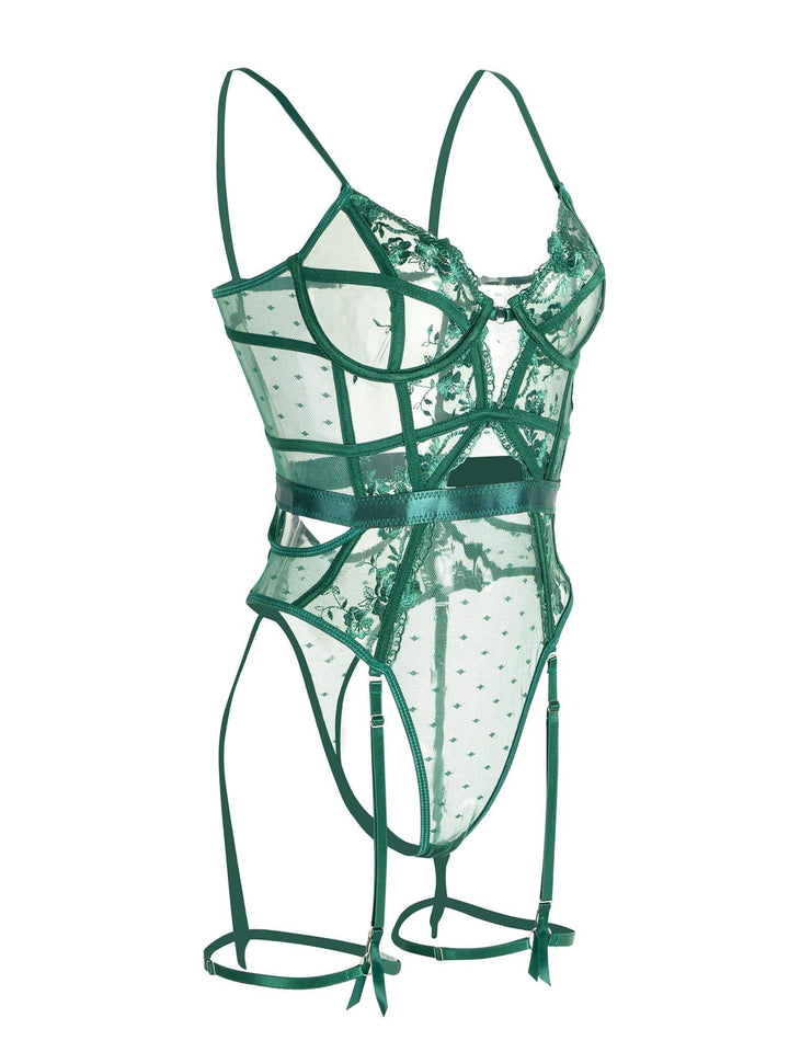 Sheer Lace Bodysuit with Suspenders - Alissa