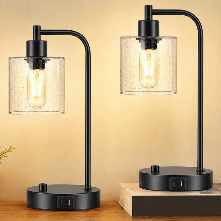 Industrial Table Lamp Set - Dimmable with Charging Ports