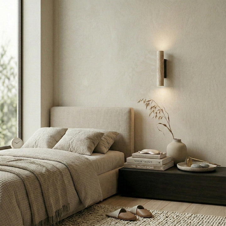 Travertine Vertical Cylinder Wall Lamp – Beige Natural Stone