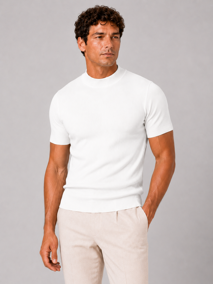 Men's Ribbed Mock Neck T-Shirt – Slim-Fit Stretch Short-Sleeve Top