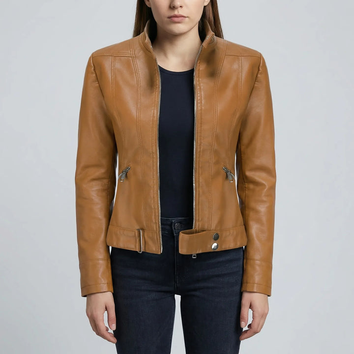 Zephirra - Stand Collar Zip-Front Biker Jacket
