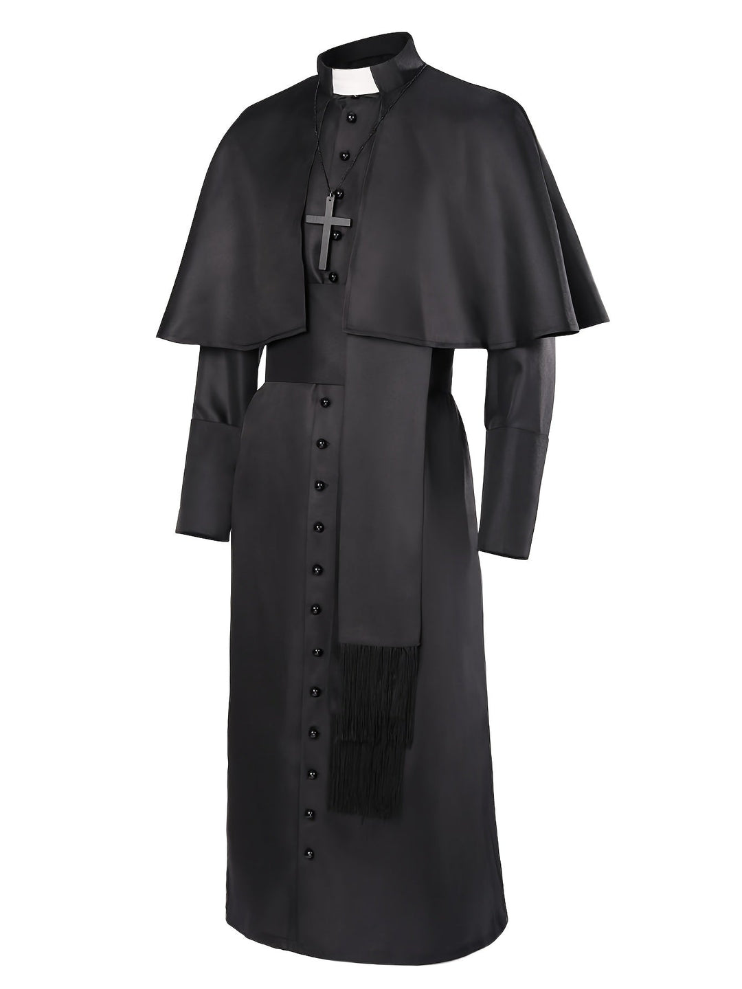 Men's Halloween Priest Costume with Long Robe, Cape and Cross