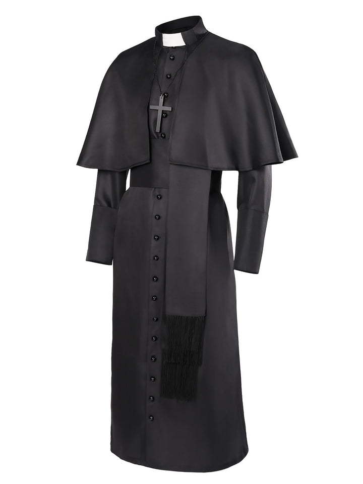 Men's Halloween Priest Costume with Long Robe, Cape and Cross