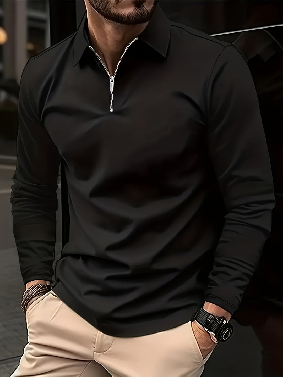 Men's Long Sleeve Polo Shirt with Zip Collar