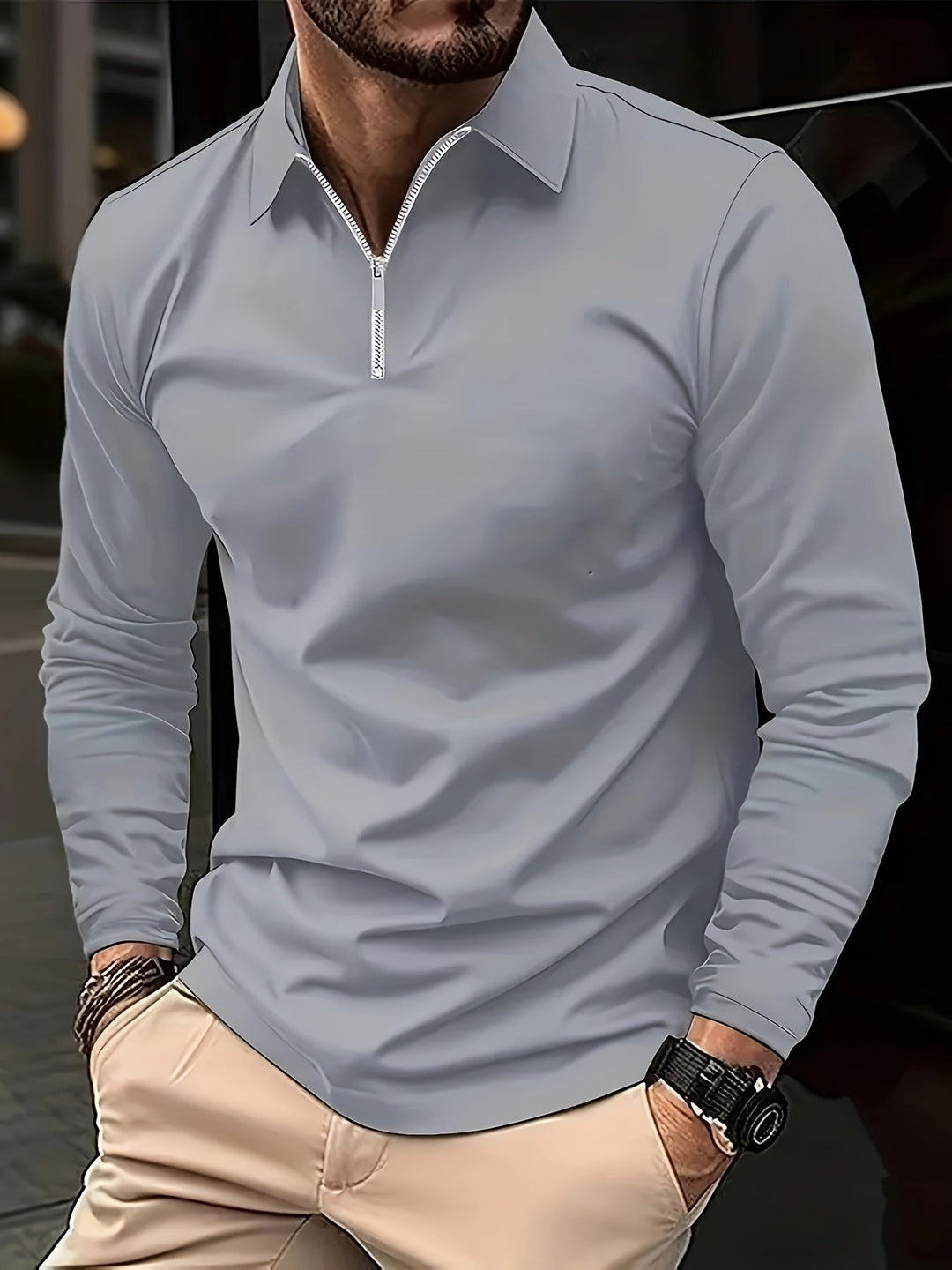 Men's Long Sleeve Polo Shirt with Zip Collar
