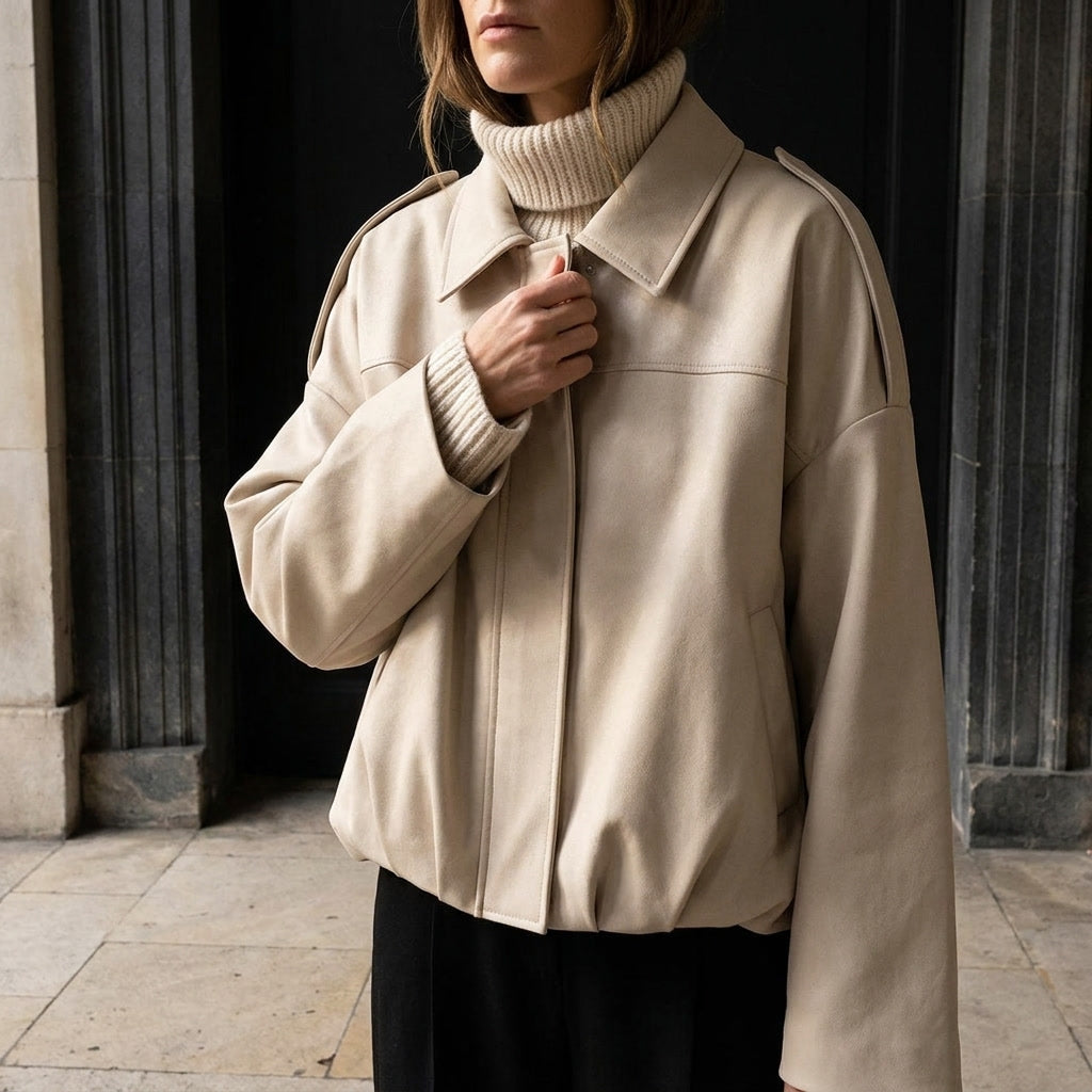 Women's Suede Bomber Jacket Cropped with Tailored Fit