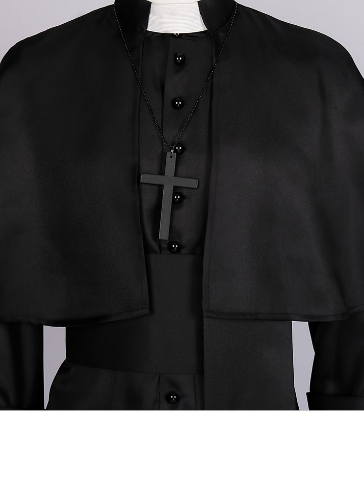 Men's Halloween Priest Costume with Long Robe, Cape and Cross