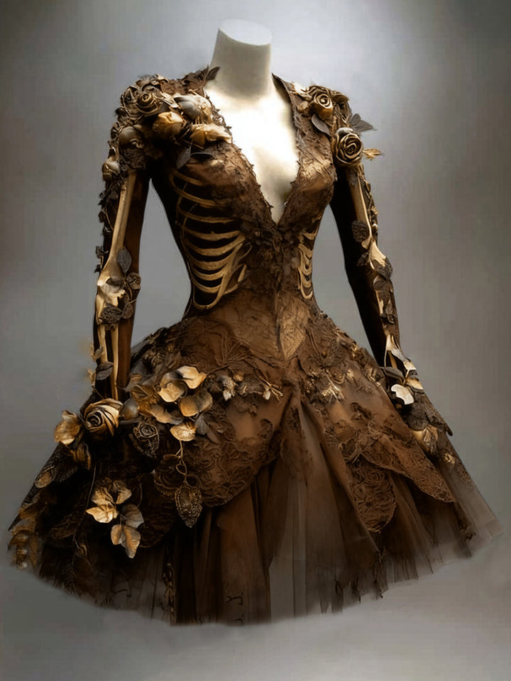 Women's Gothic Skeleton Mini Dress with Long Sleeves for Halloween